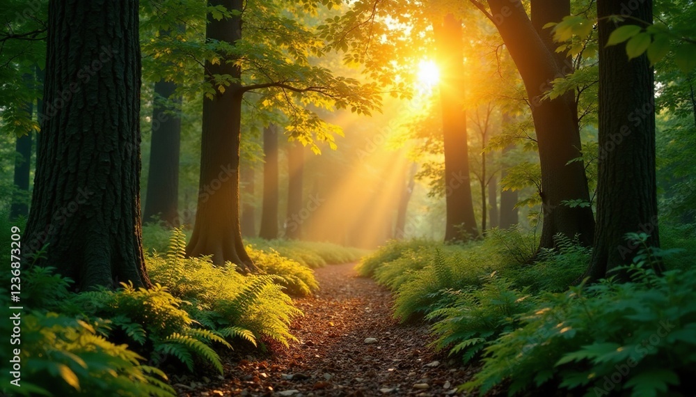 Obraz premium A peaceful forest glade with amber-colored leaves and ferns in the soft light of sunset, calm, green