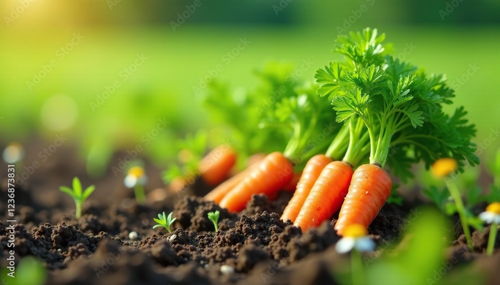Fresh carrots and green shoots growing in a farm field with wildflowers surrounding them, farm field, wildflowers, growth Fresh carrots and green shoots growing in a farm field with wildflowers surrounding them, farm field, wildflowers, growth