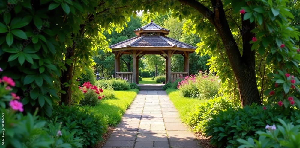 Pathway through a tranquil garden with a wooden gazebo at the end, rustic, archway