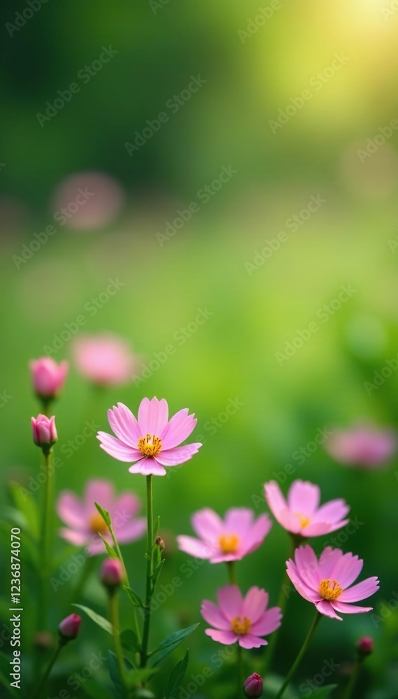 Pastel pink flowers blooming in a lush green meadow, greenery, blossoms Pastel pink flowers blooming in a lush green meadow, greenery, blossoms