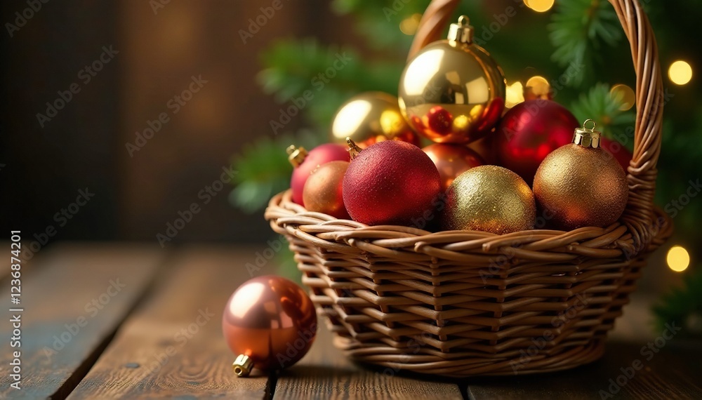 Woven basket overflowing with shiny metallic Christmas balls, Christmas balls, decoration, festive Woven basket overflowing with shiny metallic Christmas balls, Christmas balls, decoration, festive