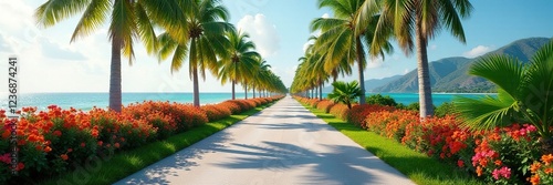 A tranquil road is lined with colorful flowers and swaying palm trees, sereneatmosphere, peacefulhaven photo