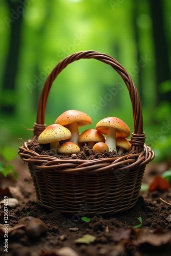 A wicker basket filled with mushrooms and twigs, forest surroundings, forest, earthy