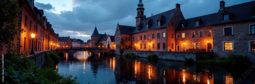 Fototapeta premium Regenbogen in einem historischen Backsteingeb?ude, dunkel, Abendhimmel, schatten