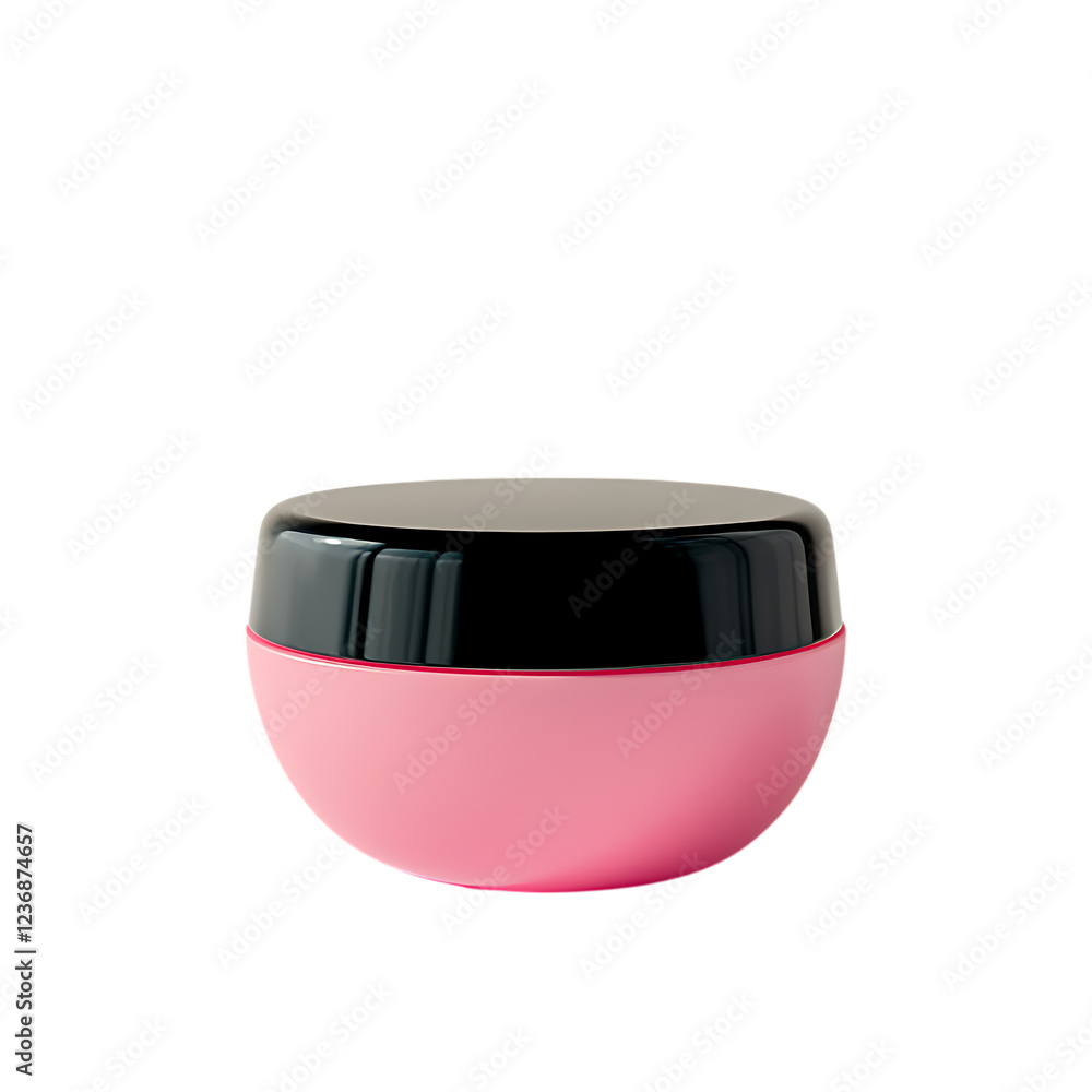 Fototapeta premium Cosmetic jar featuring a bold pink base and glossy black lid rests on a flat surface, isolated on a transparent background for beauty packaging