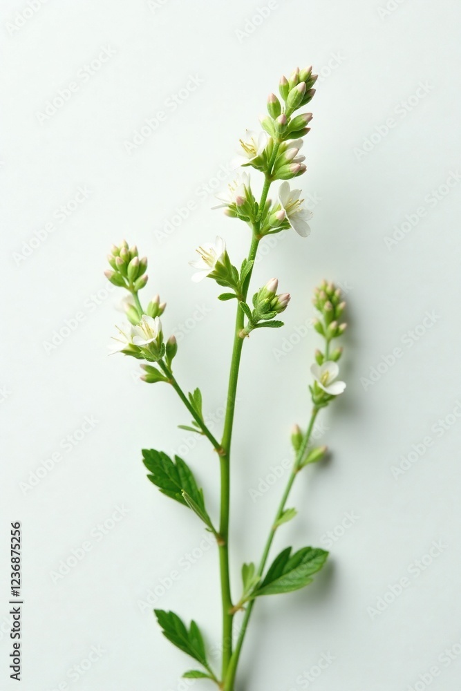 Fototapeta premium Sprig of fragrant oregano flowers against a crisp white backdrop highlighting its delicate appearance, greenery, spring