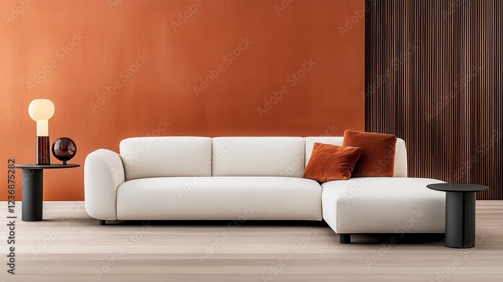 Modern Cream Sofa with Decorative Cushions in Trendy Interior Space Modern Cream Sofa with Decorative Cushions in Trendy Interior Space