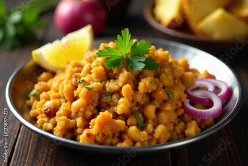 Fluffy chole bhatoore, onions, lemon wedges on steel plate, orange, shadow photo