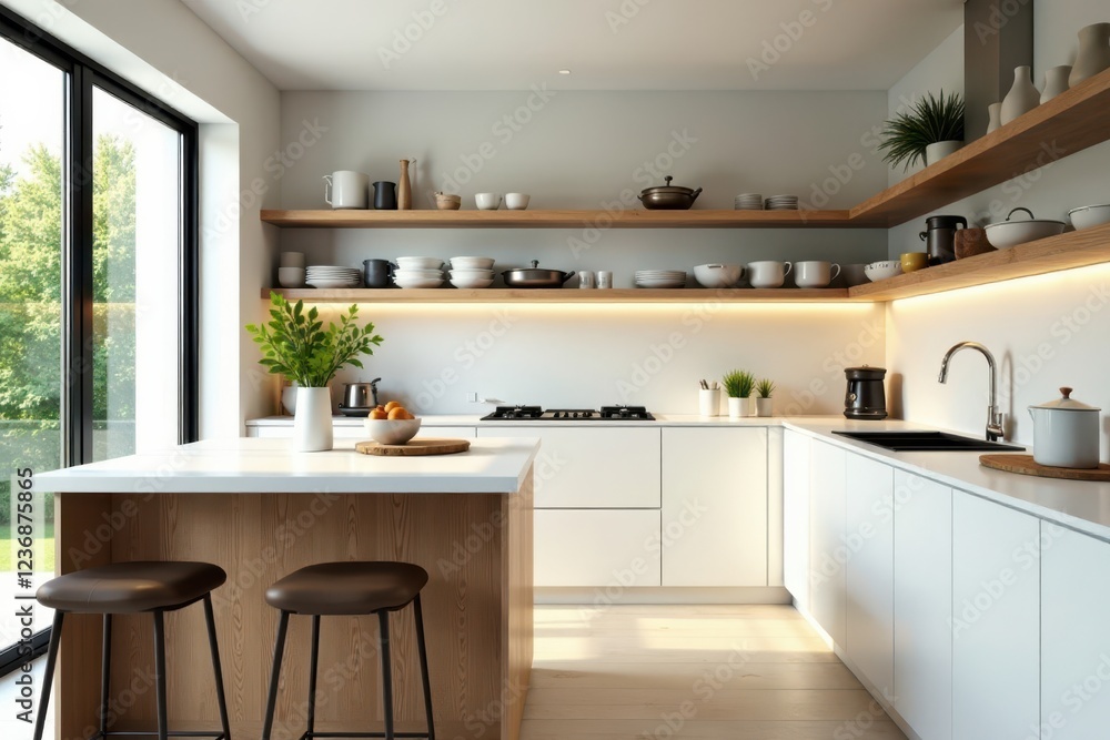 Fototapeta premium Bright airy kitchen with bar, sink, open shelving, and cookware , cooking, wooden