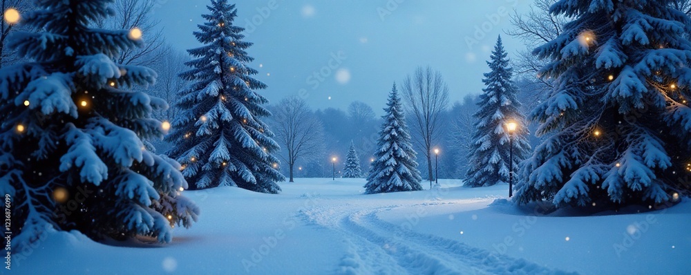 Fototapeta premium Frosty evening landscape with snow-covered trees and twinkling lights on frosted glass window background, frost, serene, snowy
