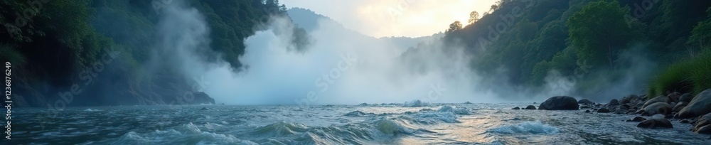 Obraz premium Steam rises from boiling river as rain creates misty veil, mist, fog, rain