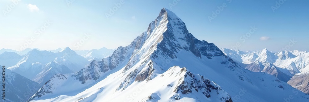 Serene snow-covered peak stretches towards the sky, high altitude, mountain summit, snow Serene snow-covered peak stretches towards the sky, high altitude, mountain summit, snow