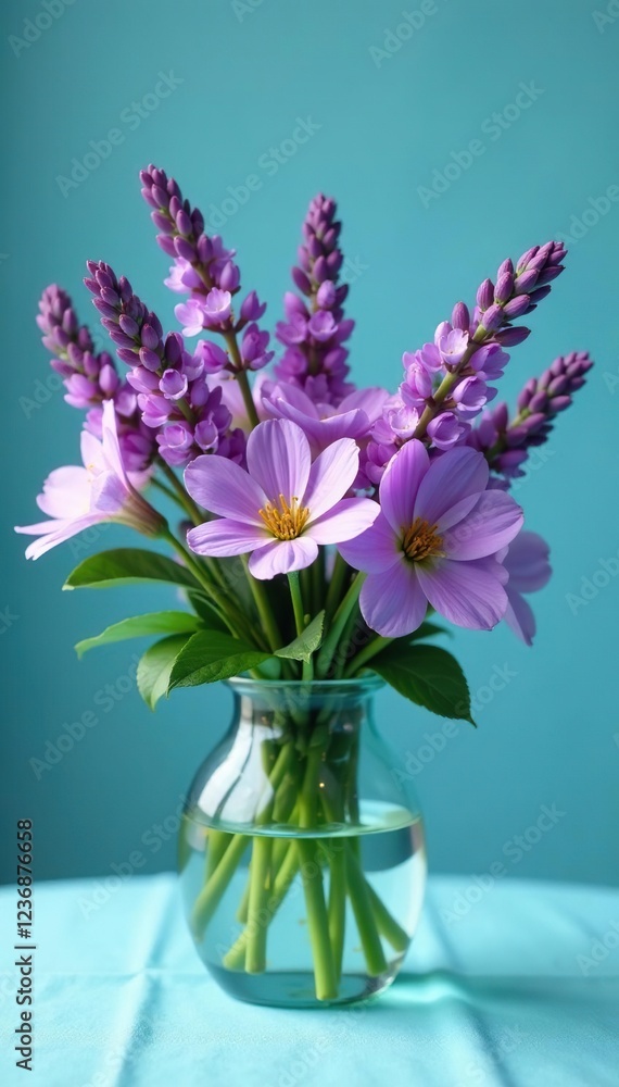 Lavender and margarita flowers in a vase on a blue tablecloth, aqua, margarita, arrangement Lavender and margarita flowers in a vase on a blue tablecloth, aqua, margarita, arrangement