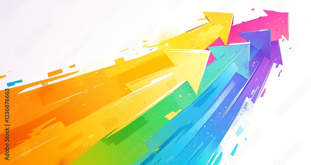 Bold and vibrant rainbow-colored paint strokes with upward black arrow on white background Bold and vibrant rainbow-colored paint strokes with upward black arrow on white background