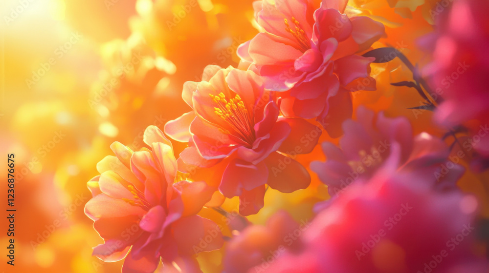 Fototapeta premium Close-up of delicate orange and pink flowers bathed in golden sunlight.