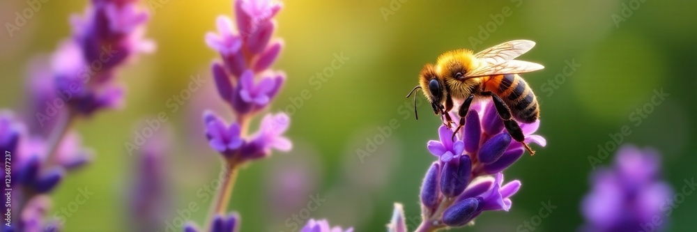 Yellow Bee collects nectar from purple lavender, pollinate, insect, bee Yellow Bee collects nectar from purple lavender, pollinate, insect, bee