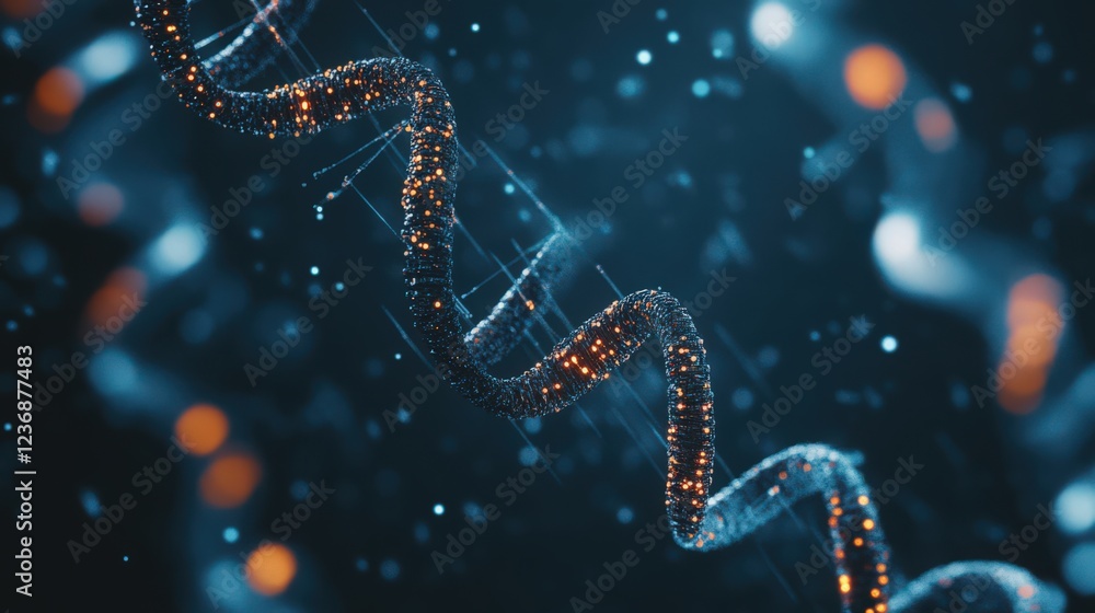 Abstract digital DNA strand with glowing data points on a dark background Abstract digital DNA strand with glowing data points on a dark background