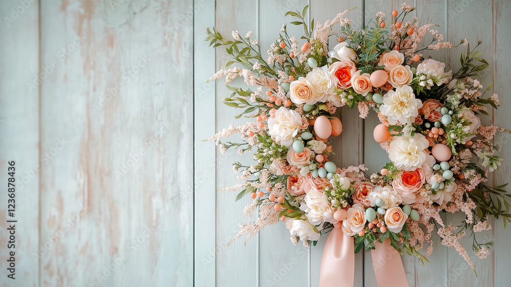 Fototapeta premium Floral wreath with pastel roses and eggs on rustic wooden wall