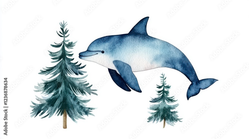 Fototapeta premium Dolphin Swimming Among Evergreen Trees in Watercolor Style