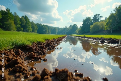 Football field with muddy soil and flooded water, mudpools, wetland photo