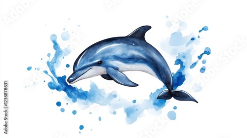 Playful Dolphin Swimming in Blue Watercolor Splash Art Design photo