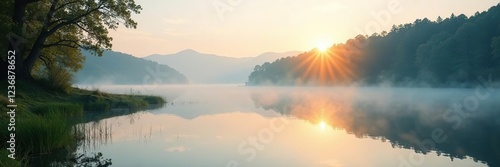 Morning mist rises over the calm waters of Wei?ensee, morning, serene