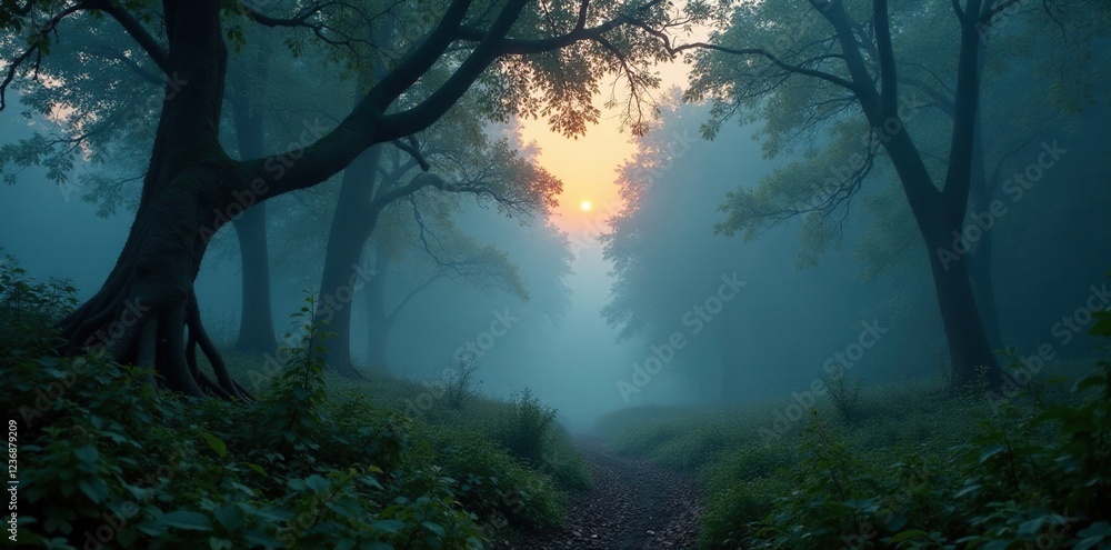 Misty forest at dusk with overgrown vegetation and twisted tree trunks, mist, natural textures Misty forest at dusk with overgrown vegetation and twisted tree trunks, mist, natural textures