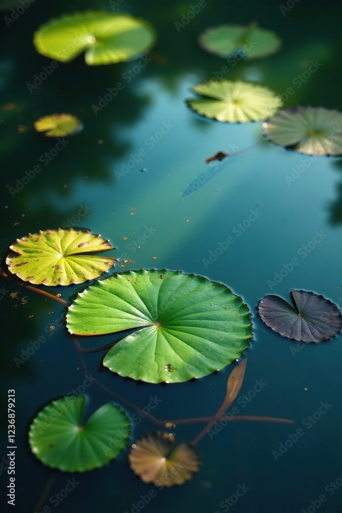 Leafy aquatic elements on the surface of calm water, nature, water, reflection