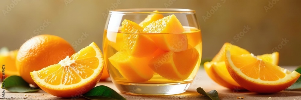 Orange pieces in a glass container with some water, arrangement, oranges Orange pieces in a glass container with some water, arrangement, oranges