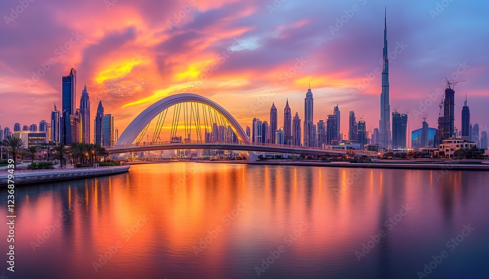 Fototapeta premium Dubai Skyline Sunset Bridge Water Reflections