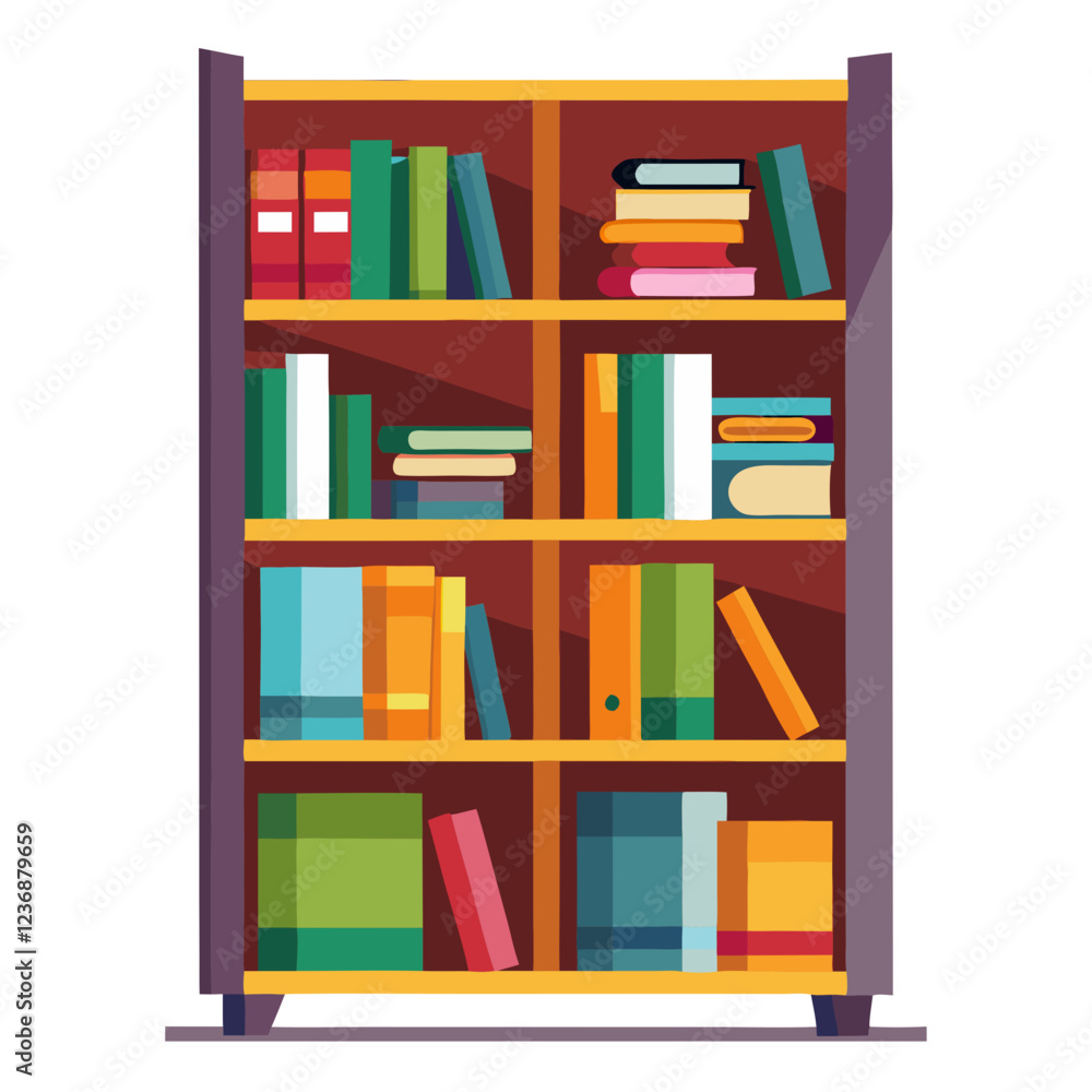 Fototapeta premium This colorful bookshelf features multiple shelves filled with a diverse assortment of books and materials. The bright colors and neat arrangement create an inviting reading atmosphere