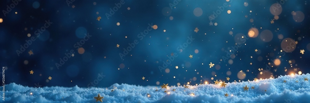 Fototapeta premium Delicate gold snowflakes gently fall on a dark blue winter sky background, gold, peaceful, darkblue
