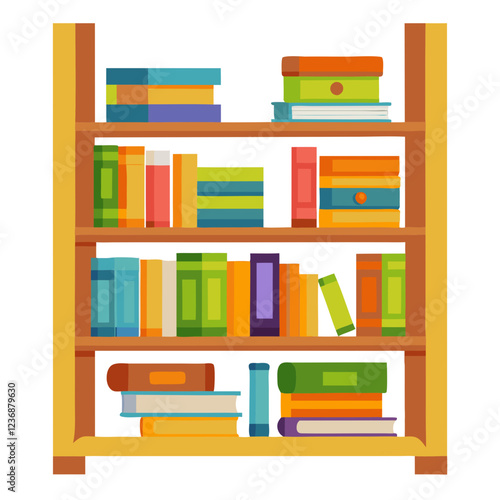 A vibrant bookshelf showcases an assortment of books in different colors and sizes. The clean white background enhances the cheerful appearance of the neatly arranged collection