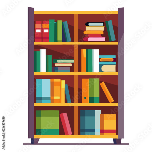This colorful bookshelf features multiple shelves filled with a diverse assortment of books and materials. The bright colors and neat arrangement create an inviting reading atmosphere