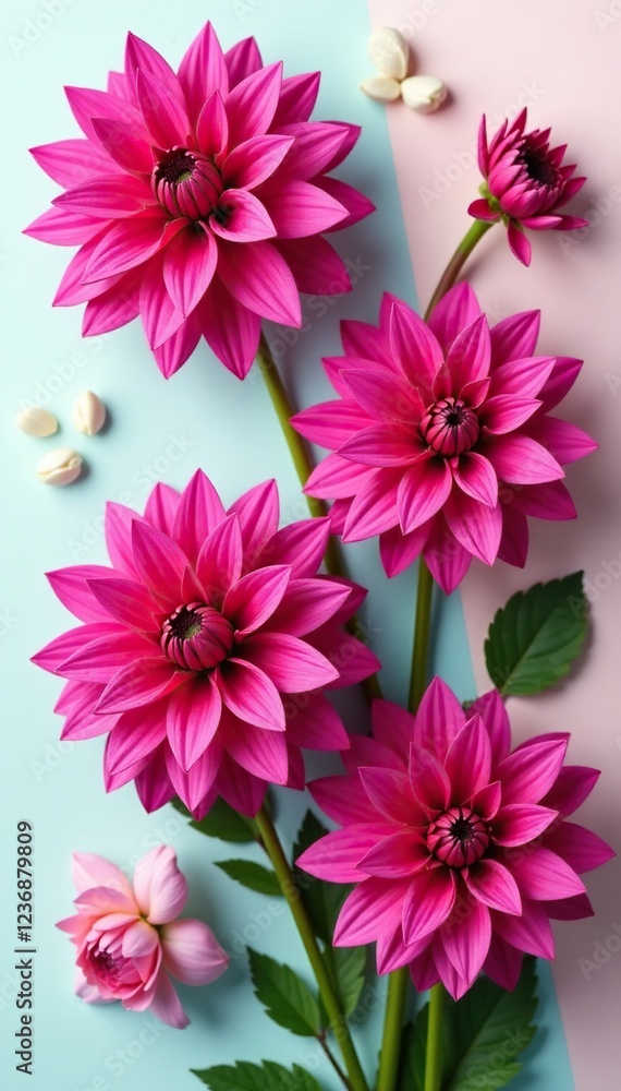 Obraz premium Overhead shot of fuchsia dahlia pinnata flowers in full bloom, , botanicals, pinnate flowers