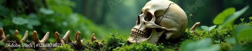 Spine-worn skull with vines and moss growing from its cracks, overgrown landscape, greenery