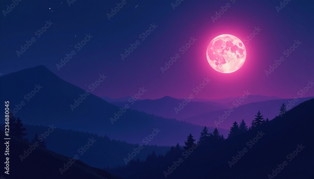 Dark blues and purples in the evening sky with a glowing full moon, mysterious, moody, purple Dark blues and purples in the evening sky with a glowing full moon, mysterious, moody, purple
