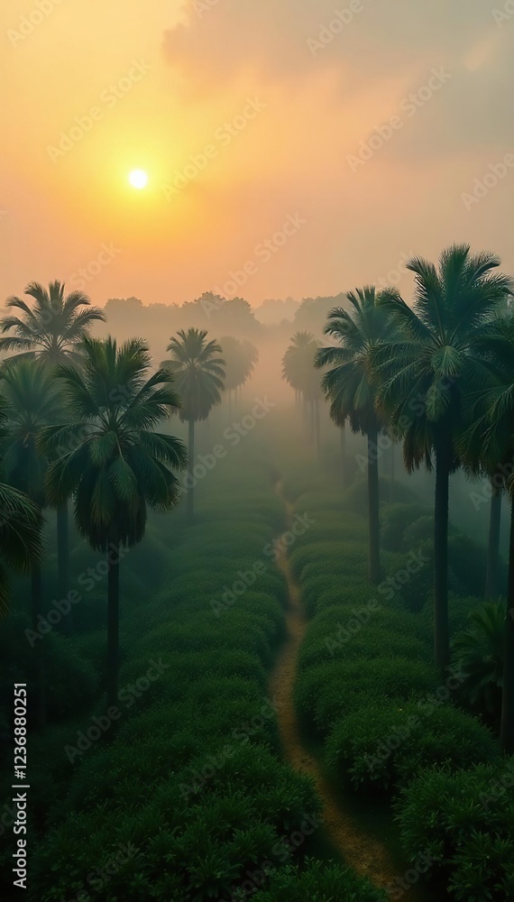 Oil palm plantation at dawn with misty atmosphere, mist, oil palms, nature Oil palm plantation at dawn with misty atmosphere, mist, oil palms, nature