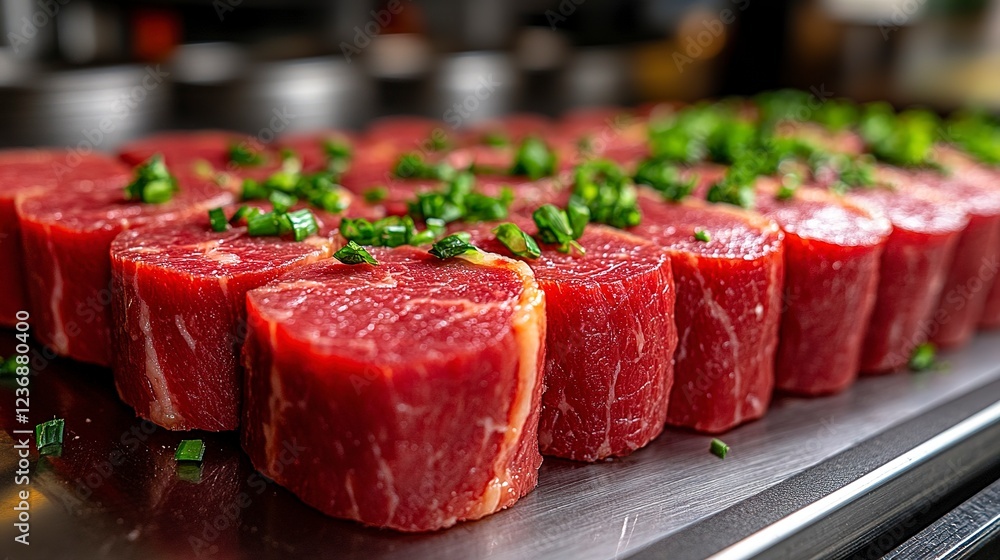 Raw Beef Filets Garnished With Green Onions Raw Beef Filets Garnished With Green Onions