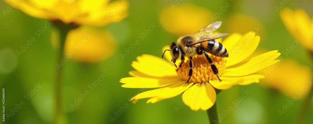 A sweaty bicolored striped bee on bright yellow flowers in a sunny garden, bee, spring A sweaty bicolored striped bee on bright yellow flowers in a sunny garden, bee, spring