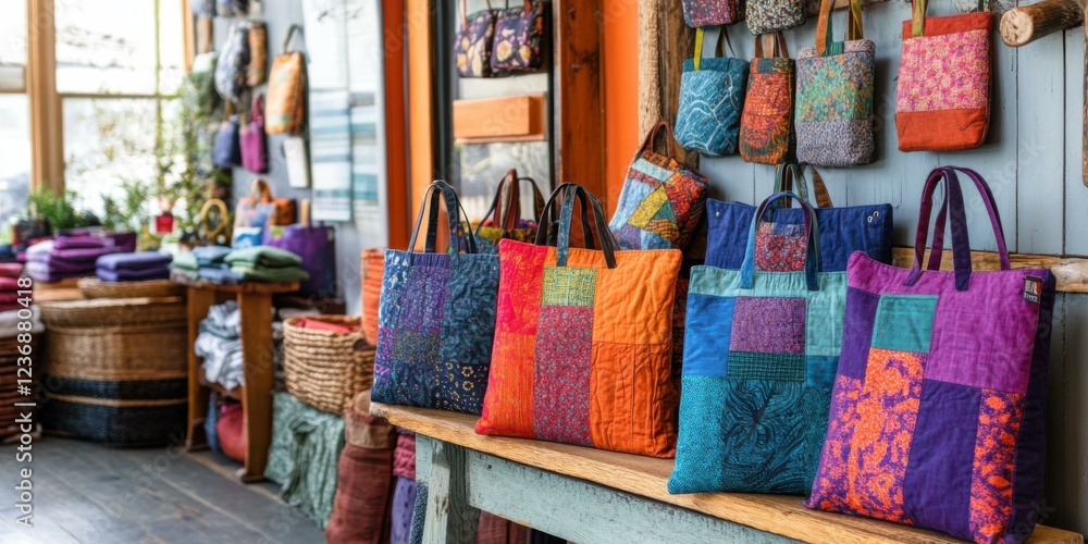 Fototapeta premium Colorful patchwork bags displayed in a vibrant shop, ideal for promoting handmade crafts, sustainable fashion, or artisanal goods.