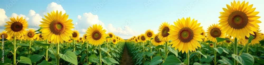 A field of tall sunflower stalks stretching towards the sky, sunflowers, field A field of tall sunflower stalks stretching towards the sky, sunflowers, field