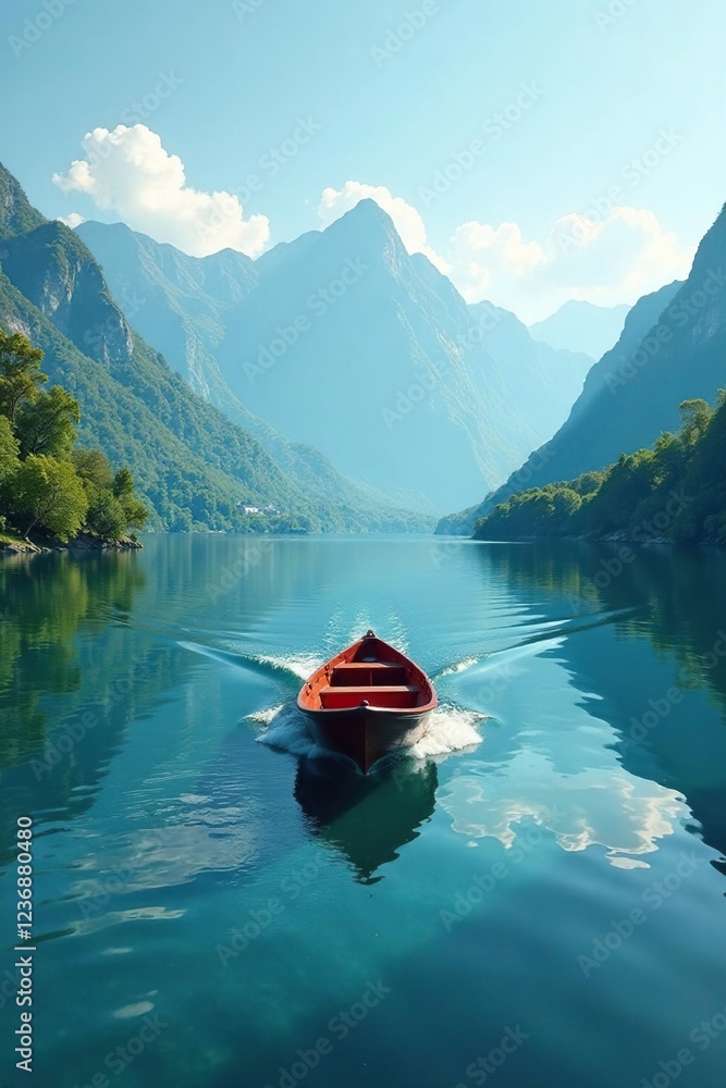 A small boat glides smoothly across the surface of the lake, water, scenery, water boat A small boat glides smoothly across the surface of the lake, water, scenery, water boat