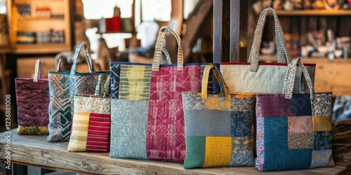 Colorful handmade bags displayed in a rustic setting, perfect for promoting artisanal crafts, eco-friendly products, or local markets.