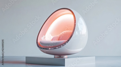 A cozy sci-fi egg chair with a built-in AR interface, soft glowing interior, and floating above a sleek metallic platform photo