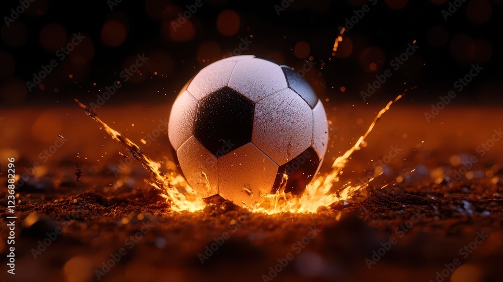 Fototapeta premium A dynamic soccer ball making a powerful splash on the ground, emphasizing energy and action in sports.