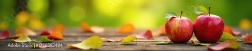 Apples and leaves scattered on a wooden table, leaves, meadow