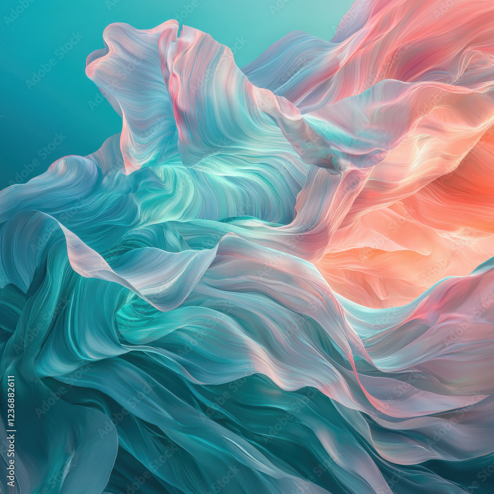 Obraz premium Ethereal flowing textures in pastel turquoise and coral with a soft fluid motion.