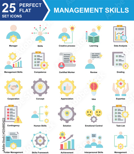 Management Skills Icon Set Collection. Containing  Manager, Skills, Creative Process, Learning, Data Analysis, Management Skills, Competence, Certified Worker. Simple Perfect Flat Vector Illustration.