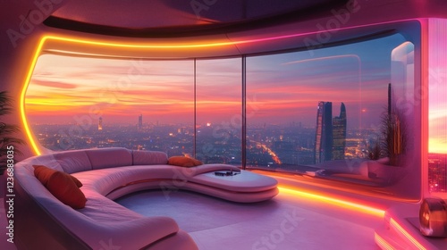 A gravity-defying modular sofa with neon lighting, curved futuristic design, and a panoramic cityscape view from a space station photo